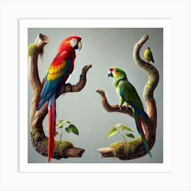 Two Parrots Perched On Branches Art Print