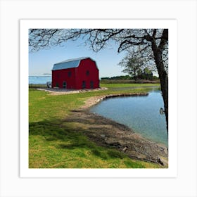 Red Barn On The Lake Art Print