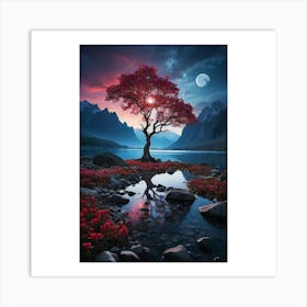 Red Tree By The Lake Art Print