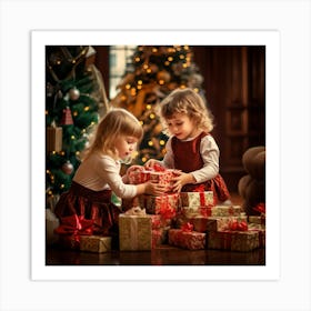 Two Girls Playing With Christmas Presents Art Print