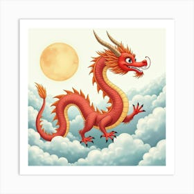 Celestial Dragon Amidst Floating Clouds, Watercolor 1 Art Print