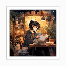 Girl Reading In Cosy Coffee Shop Watercolour Illustration Art Print