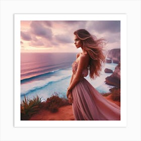 Beautiful Woman On The Beach At Sunset Art Print