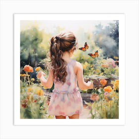 Little Girl With Butterflies, watercolor Art Print