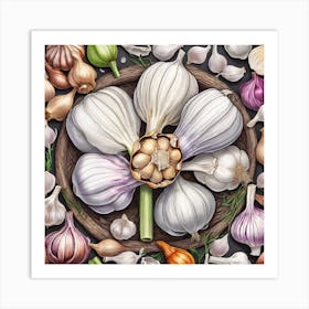 Garlic And Herbs In A Bowl Art Print