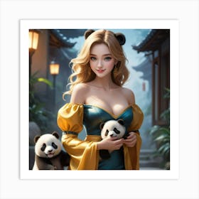 Chinese Girl With Pandas Art Print