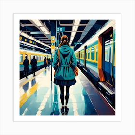 Girl At The Train Station Art Print