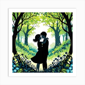 Kiss In The Woods, Silhouettes Of Two People Hugging Surrounded By Elements Of Nature Flowers Trees Growing Art Print