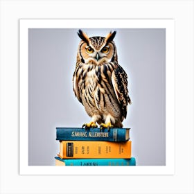 Owl On Books, An Owl Perched On A Stack Of Books Symbolizing Wisdom And Learning 2 Art Print