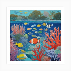 David Hockney Style: A Vibrant Coral Reef Teeming With Marine Life 2 Art Print