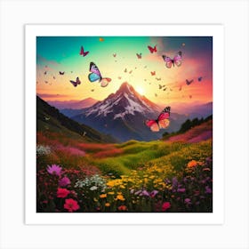 Firefly Mountain, Scenery, Nature, Sunrise, Butterfly, Wings, Paintbrush, Paints, Scattered, Small L (1) Art Print