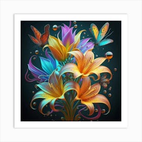 Colorful Lilies With Butterflies Art Print