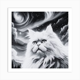 White Cat In The Night Sky Art Print