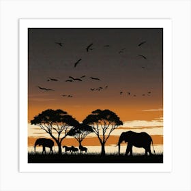 Silhouette Of Elephants At Sunset 1 Art Print