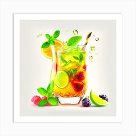 A glass of fruit juice with a straw and a straw in it Art Print