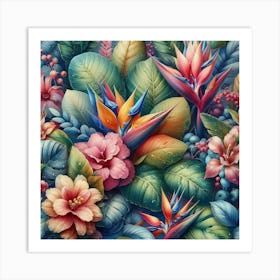 Pattern of tropical leaves and flowers 3 Art Print