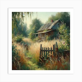 House In The Countryside Among The Grass And Trees, Acrylic Painting Style Art Print