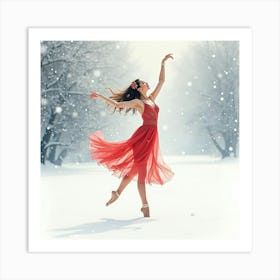 Graceful Dancer In Watercolor Amidst Gentle Snowfall 1 Art Print