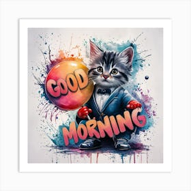 Confident Kitten A Vivid Watercolor Splash Art With Bold Graffiti Typography (3) Art Print