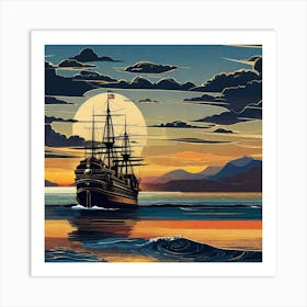 Sailing Ship At Sunset 5 Art Print