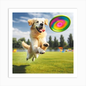 Golden Retriever Dog Jumping For Frisbee Art Print