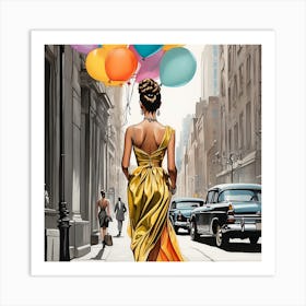 Woman Walking Down The Street With Balloons,wall art Art Print