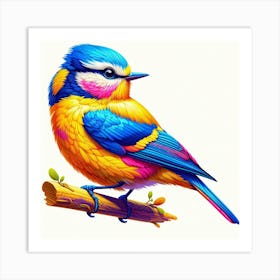 Bird Is The Word 1/4 (bright colourful bird on perch plain white background rainbow cut feathered friend tweet songbird cute wall decoration) Art Print