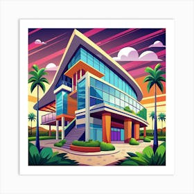 Modern Glass And Concrete House With Palm Trees Art Print