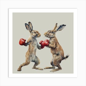 Watercolour Sparring Hares with Boxing Gloves Art Print