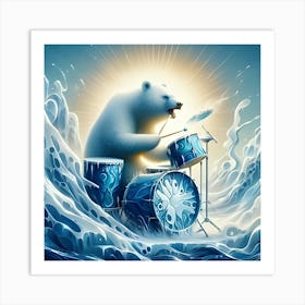 A Booming Bear Playing A Drum Set Made Of Ice, Inspired By The Organic And Biomorphic Forms Of Jean Arp, With A Frozen Blue And White Palette, Where The Drum Set Is In Focus And The Surrounding Landscape 2 Art Print