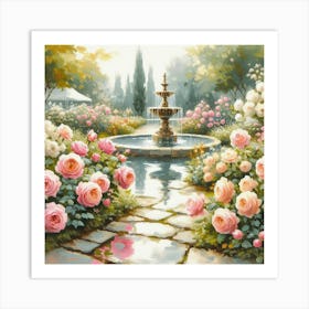 Roses In The Garden With The Fountain, Acrylic Style Painting 5 Art Print