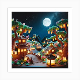 Asian Village At Night 1 Art Print