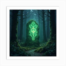 Ancient Runestone Glowing With Mystical Symbols In A Dense Forest 1 Art Print