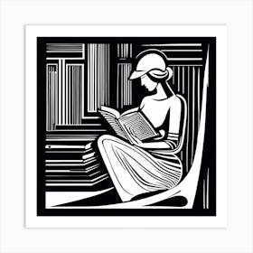 Abstract Figure Reading A Book Linocut Black And White Painting Solid White Background Hand Dra 413411330 Art Print