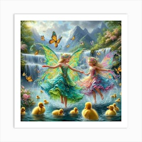 Fairy Princesses playing with baby ducks  Art Print