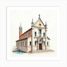 Detailed Watercolor Of A Historic Venetian Church With Intricate Facade 1 Art Print