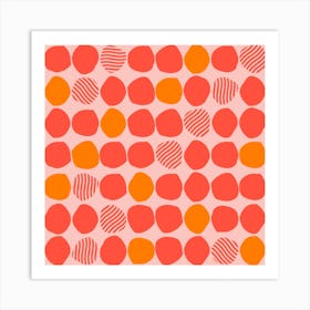 Orange And Pink Polka Dot Pattern On Light Pink Background Square Art Print