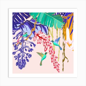 Hummigbirds And Heliconia Flowers Square Art Print