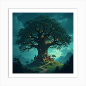 Giant Tree With A Hidden Village Nestled In Its Branches, Magical Lights Glowing 1 Art Print