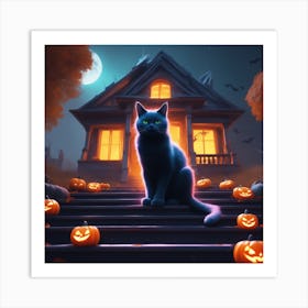 Halloween Cat In Front Of House 16 Art Print