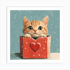 Cute Cat Peeking from Heart Gift Box Art Print