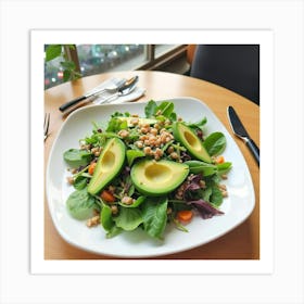 Watercolor Painting Of A Fresh And Vibrant Green Salad With Avocado On A Cozy Restaurant Table Art Print