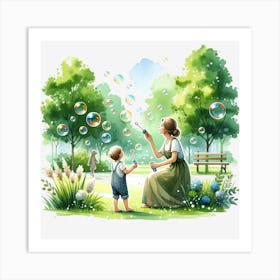 Mother And Child Playing With Soap Bubbles Art Print