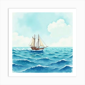 Scenic Yacht Journey On A Watercolor Tranquil Sea 1 Art Print