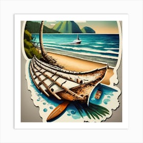 Beach Scene A Sailing Ship In The Foreground Wi Art Print