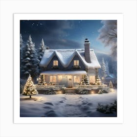 Christmas House At Night paintings art print Art Print