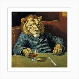 Tiger in Fedora Hats and Other Oddities Lion At The Bar Art Print