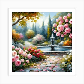 Roses In The Garden With The Fountain, Acrylic Style Painting 2 Art Print