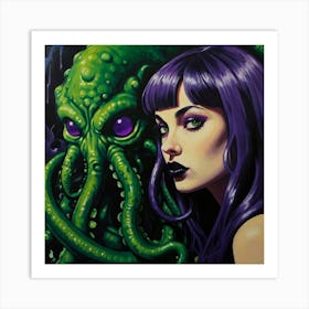 Cthulhu with Gorgeous Goth Girl Art Print