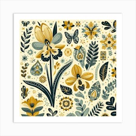 Scandinavian style, Pattern with yellow Orchid flowers 2 Art Print